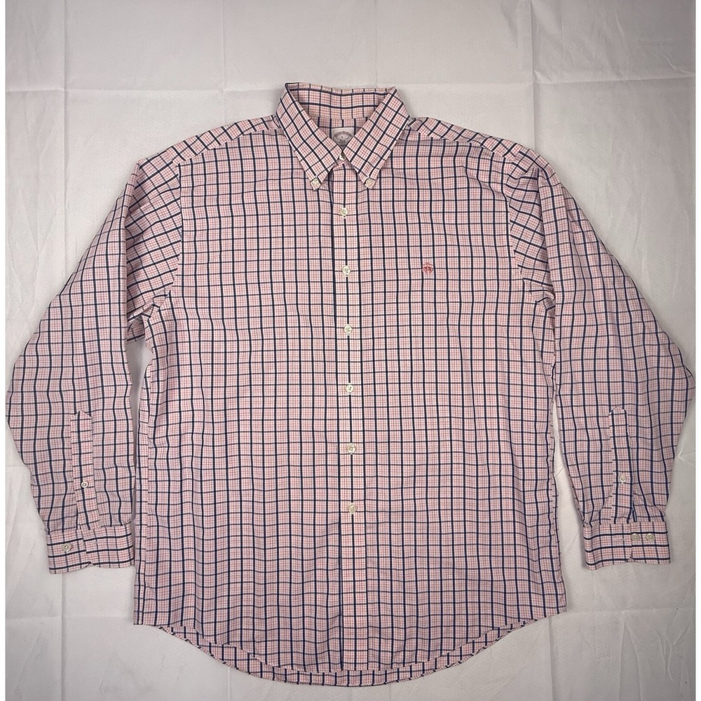 Brooks Brothers Button Down Shirt Mens Large Non-Iron Blue Pink Fleece Logo